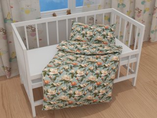 Dětské bavlněné povlečení do postýlky Sandra SA-545 Květy magnolie na šedomodrém - detail 1 - Biante.cz Dětské bavlněné povlečení do postýlky Sandra SA-545 Květy magnolie na šedomodrém - detail 1 - Biante.cz