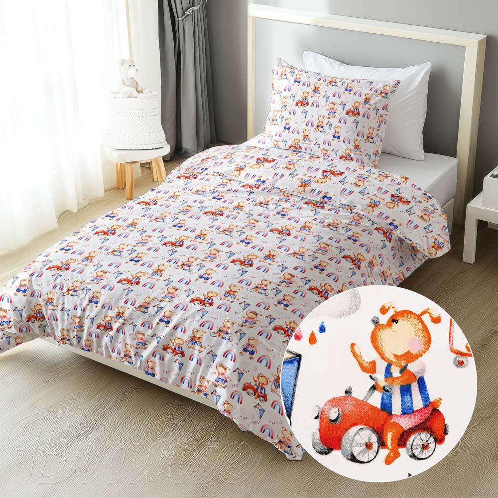 Dětské bavlněné ložní povlečení Sandra SA-521 Modro-červení pejsci s auty na bílém - Biante.cz