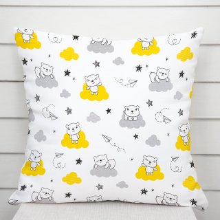 Dětský bavlněný povlak na polštář Sandra SA-725 Medvídci na žluto-šedých mráčcích na bílém - Biante.cz