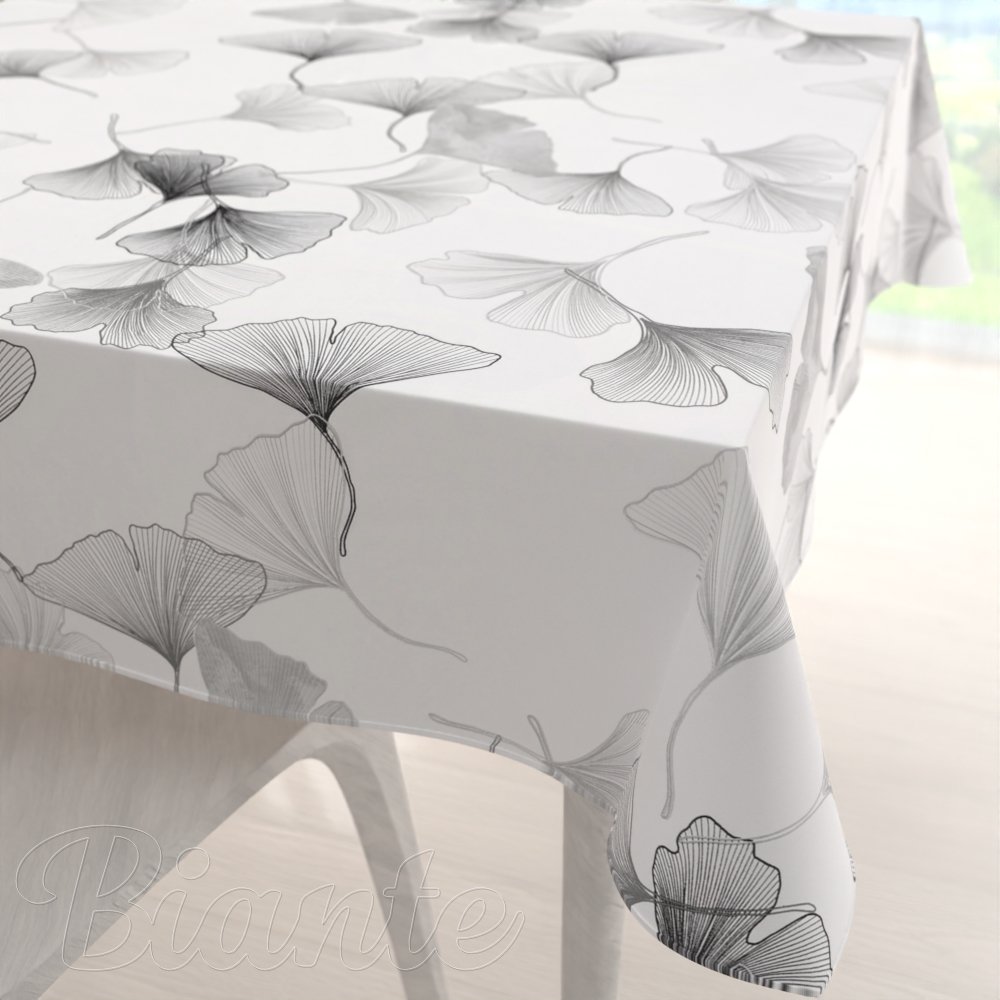 Bavlněný čtvercový ubrus Sandra SA-512 Šedo-bílé ginkgo listy na bílém - Biante.cz