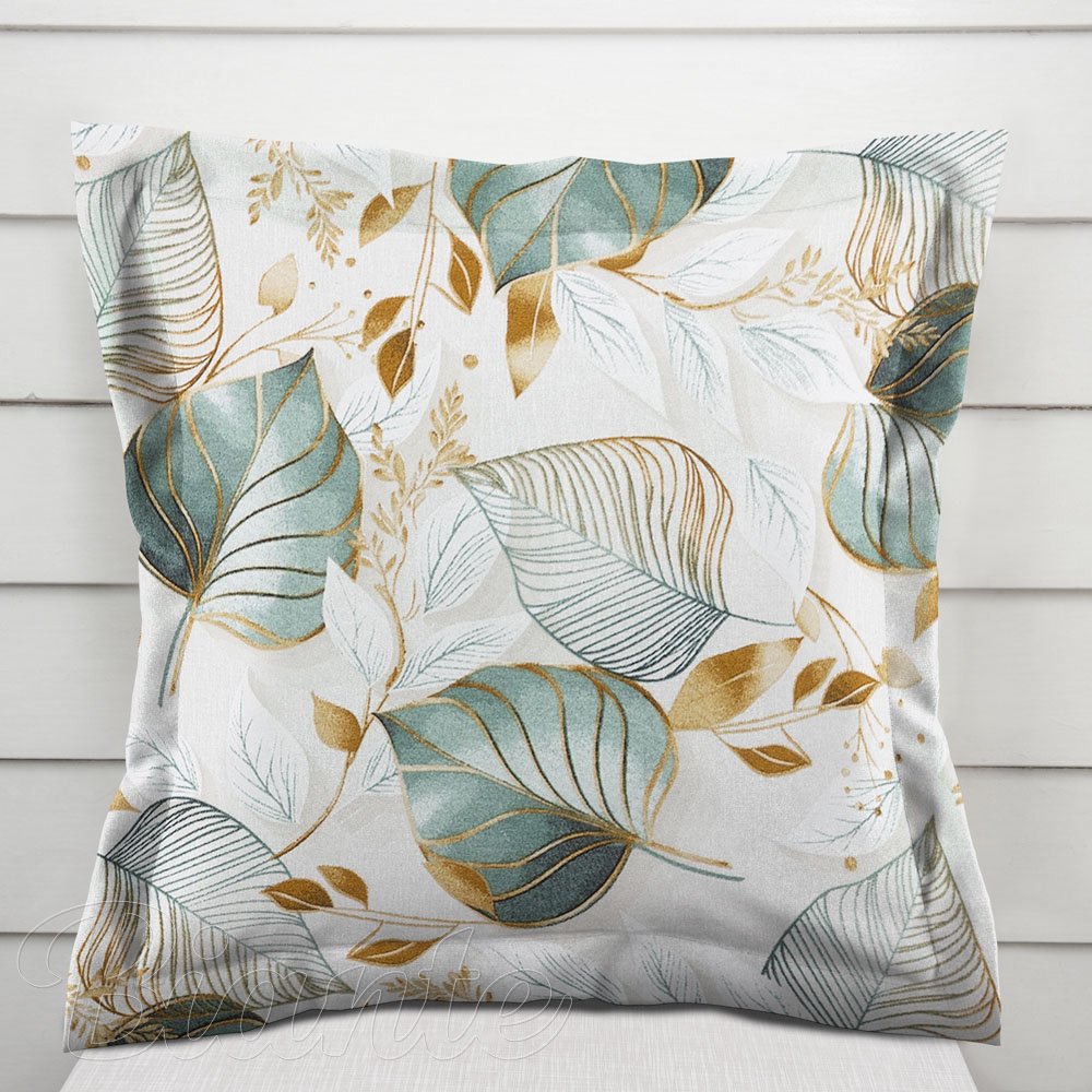 Dekorační povlak na polštář s lemem Leona LN-174 Zelené listy na režném - Biante.cz