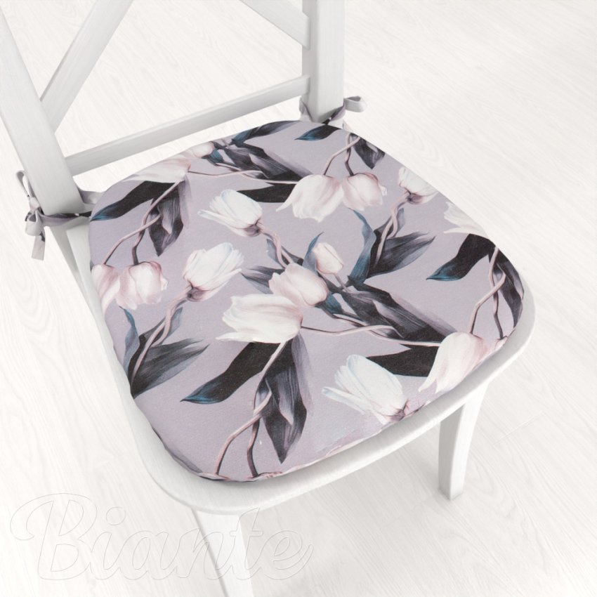 Oblý podsedák PML-034 Biele tulipány na sivom - 39x37x3 cm - Biante.sk