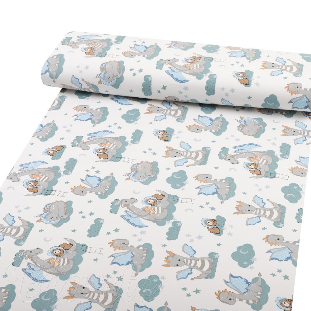 Dětská bavlněná látka/plátno Sandra SA-689 Dráčci s medvídky na modrozelených obláčcích na bílém - šířka 160 cm - detail 1 - Biante.cz