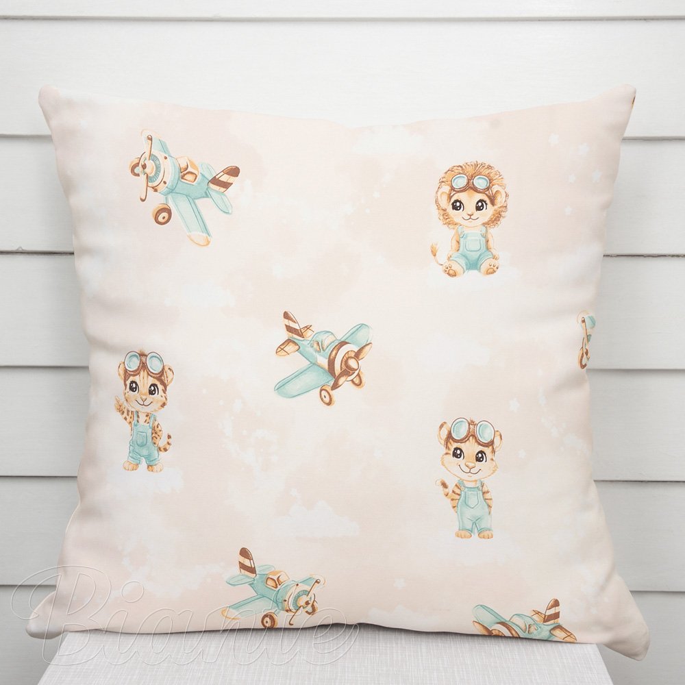 Dětský bavlněný povlak na polštář Sandra SA-686 Lvíčata s letadýlky na světle béžovém - Biante.cz