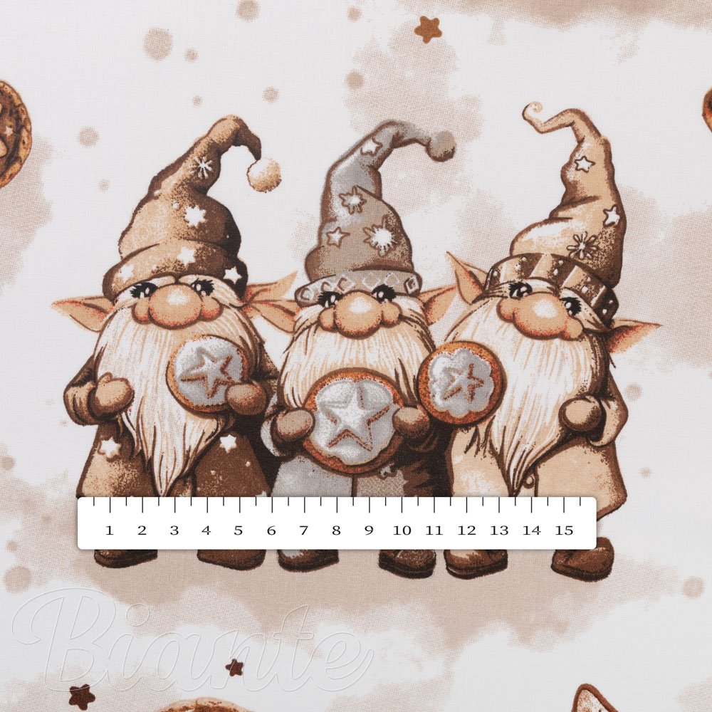 Vánoční bavlněná látka/plátno Sandra SA-663 Hnědí skřítci s perníčky na bílém - šířka 160 cm - detail 4 - Biante.cz