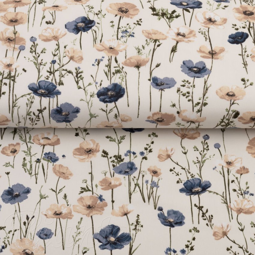 Bavlnená látka/plátno Sandra SA-630 Modro-hnedé vlčie maky na svetlo vanilkovom - šírka 160 cm - detail 2 - Biante.sk