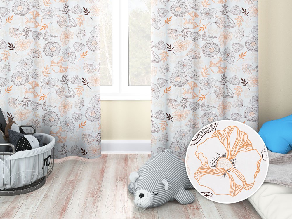 Dětský bavlněný závěs Sandra SA-526 Hnědé vlčí máky na bílém - Biante.cz