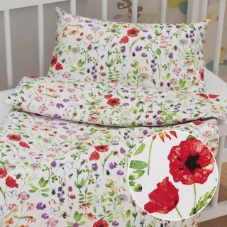 Detské bavlnené posteľné obliečky do postieľky Sandra SA-608 Červeno-fialové lúčne kvety s motýlikmi a čmeliakmi na bielom - Biante.sk