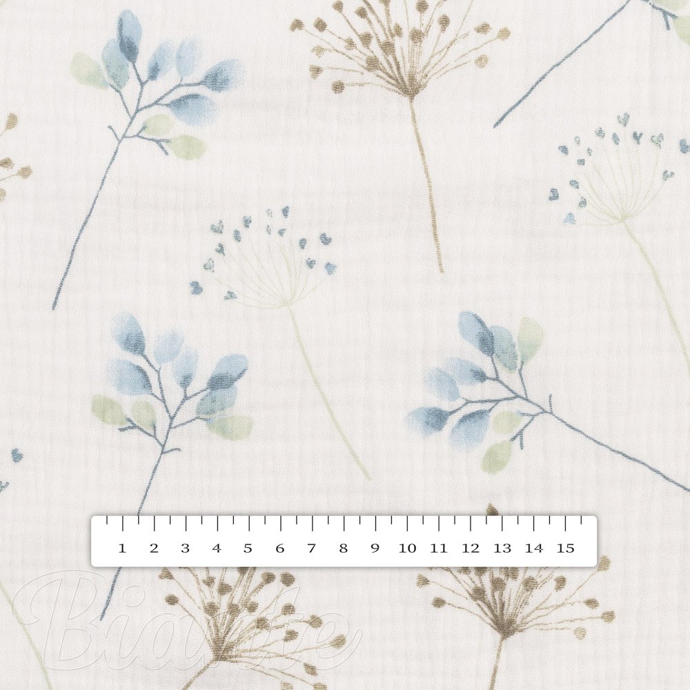 Mušelín dvojitá gázovina MSN-092 Modro-zelené vetvičky na krémovo bielom - metráž šírka 140 cm - detail 5 - Biante.sk