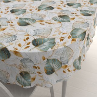 Dekorační oválný ubrus Leona LN-174 Zelené listy na režném - Biante.cz