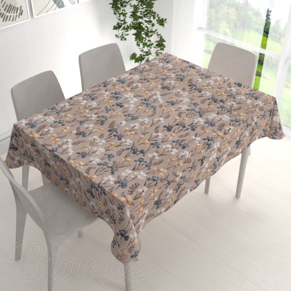 Bavlněný obdélníkový ubrus Sandra SA-637 Modro-béžovo-bílé kosatce na šedobéžovém - detail 1 - Biante.cz