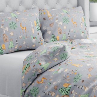 Vánoční bavlněné ložní povlečení Sandra SA-509 Vánoční skřítci a ozdoby na šedém - Biante.cz