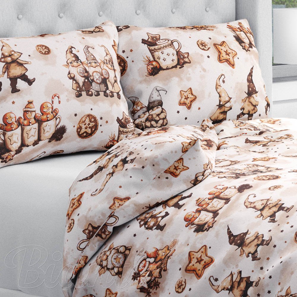 Bavlněné ložní povlečení Sandra SA-663 Hnědí skřítci s perníčky na bílém - Biante.cz