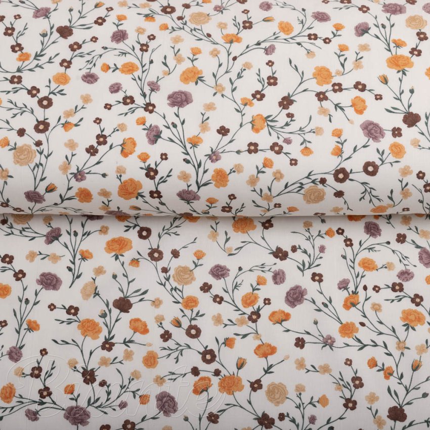 Bavlnená látka/plátno Sandra SA-720 Oranžovo-hnedo-béžové drobné kvietky na smotanovom - šírka 160 cm - detail 2 - Biante.sk