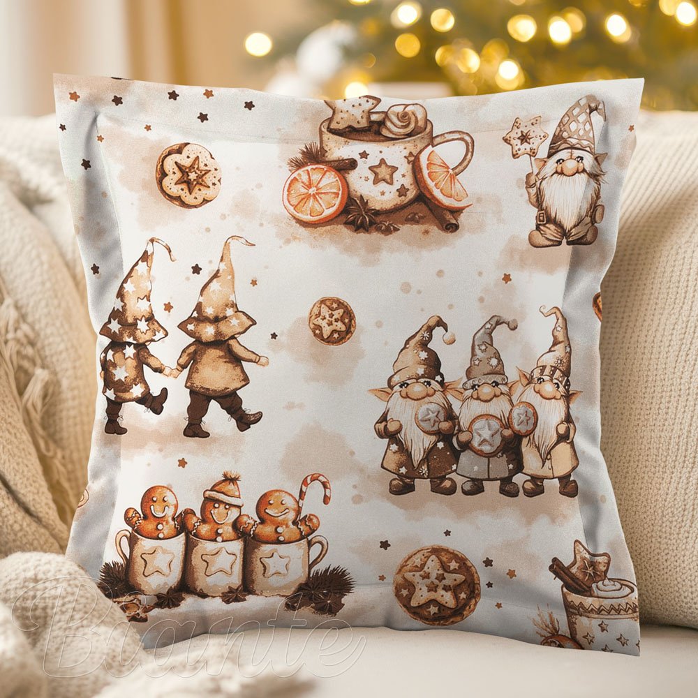 Bavlněný povlak na polštář s lemem Sandra SA-663 Hnědí skřítci s perníčky na bílém - Biante.cz