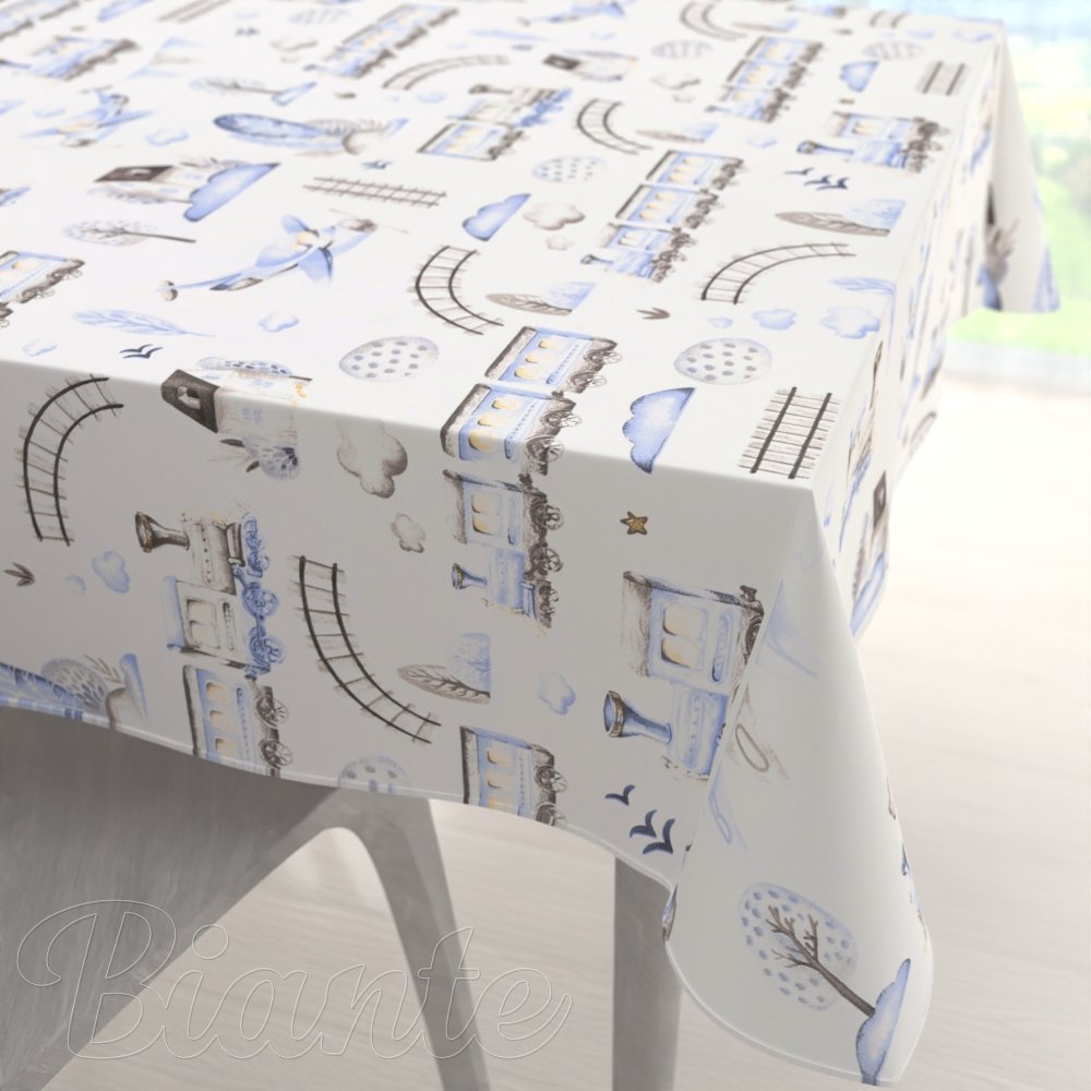 Dětský bavlněný čtvercový ubrus Sandra SA-690 Modré vláčky s letadýlky na bílém - Biante.cz