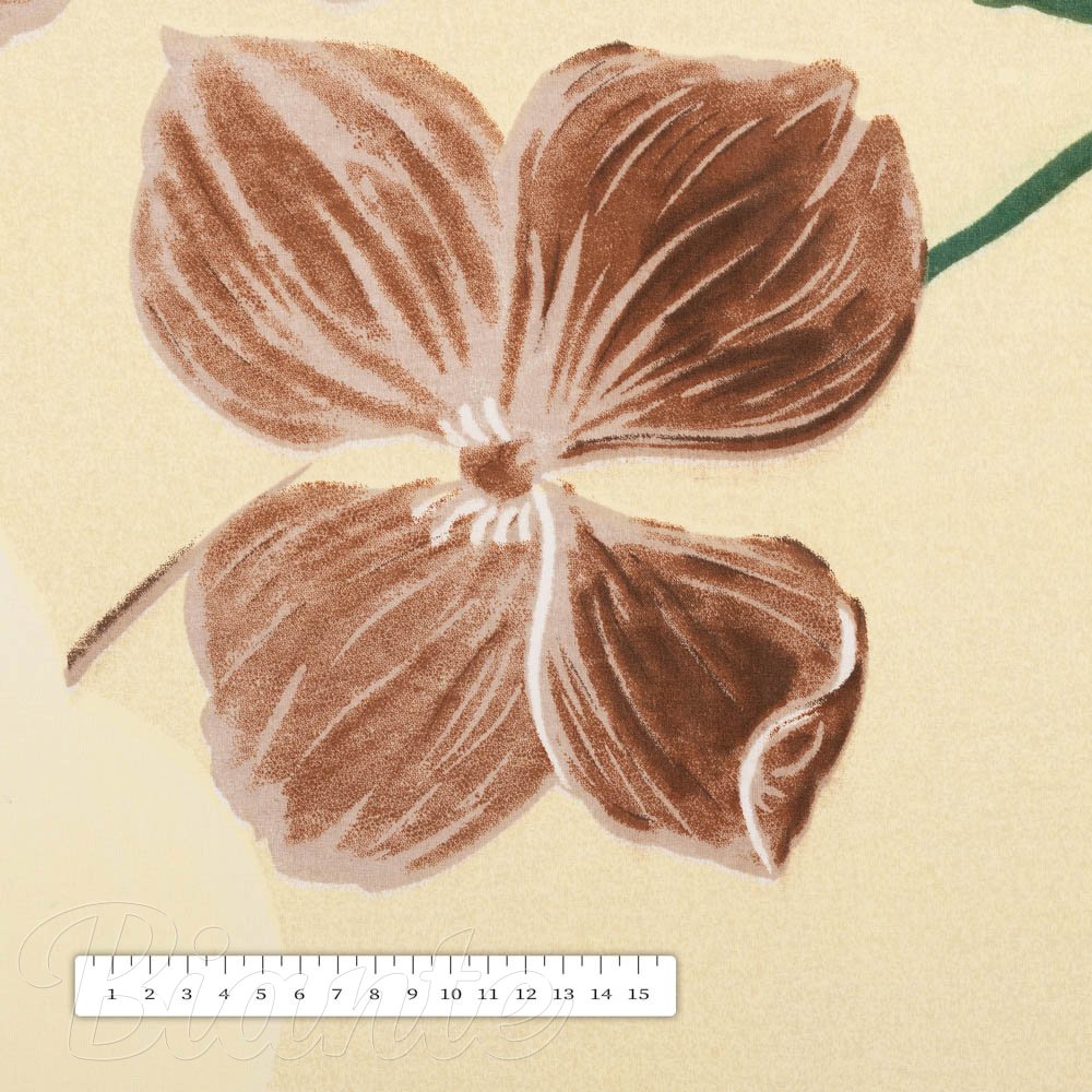 Bavlněná látka/plátno Sandra SA-536 Hnědé orchideje na vanilkově žlutém - šířka 160 cm - detail 3 - Biante.cz