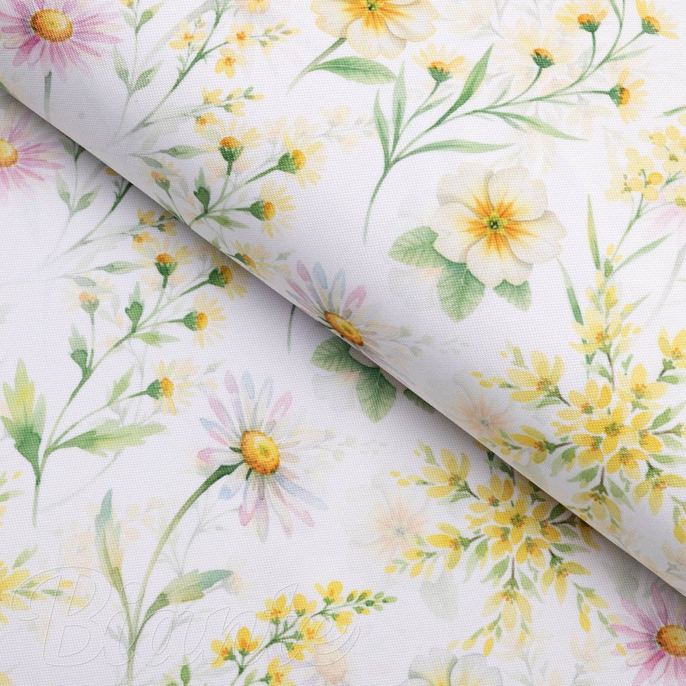 Teflonová látka na ubrusy TF-135 Malované žluto-zelené luční kvítí na bílém - šířka 155 cm - Biante.cz