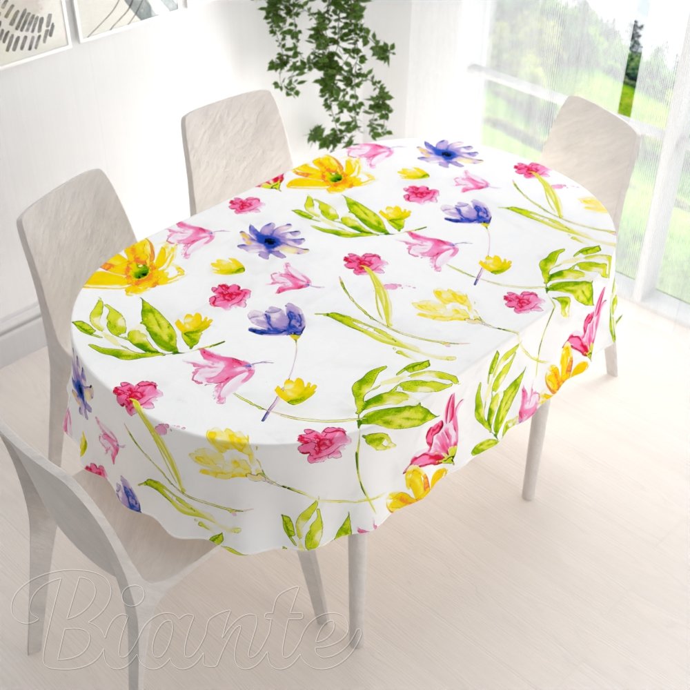 Bavlnený oválny obrus Sandra SA-481 Žlto-ružové akvarelové kvety na bielom - detail 1 - Biante.sk