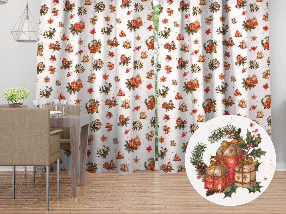 Vánoční bavlněný závěs na míru Sandra SA-515 Vánoční hvězdy a ozdoby na bílém - Biante.cz