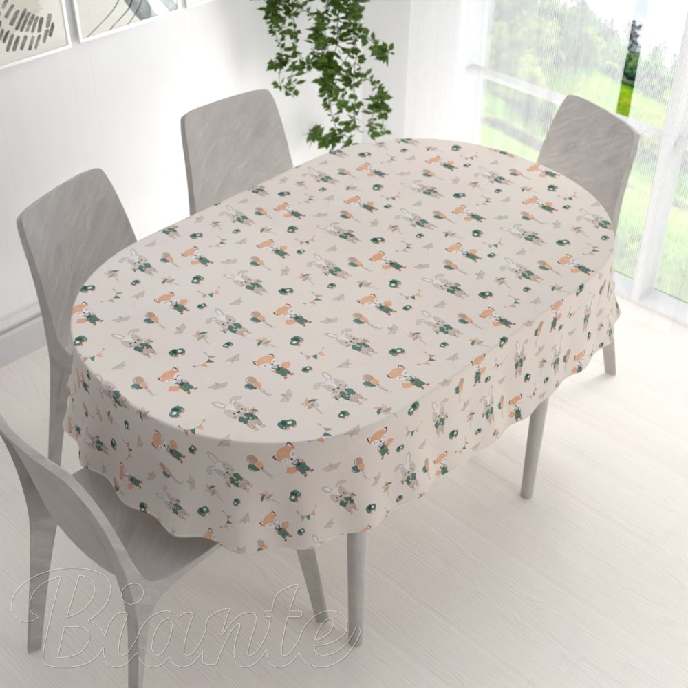 Dětský bavlněný oválný ubrus Sandra SA-701 Zajíčci a lišky s balónky - zelené na světle béžovém - detail 1 - Biante.cz