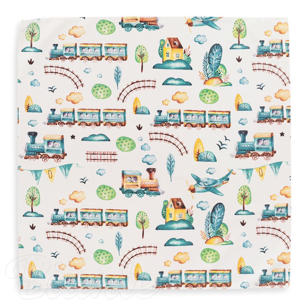 Dětský bavlněný šátek Sandra SA-659 Modrozelené vláčky s letadýlky na bílém - detail 2 - Biante.cz