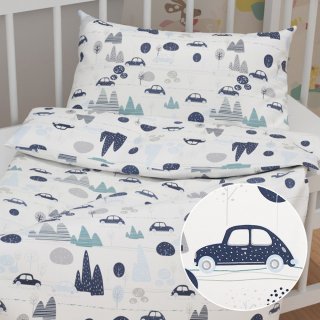 Dětské bavlněné povlečení do postýlky Sandra SA-685 Modrá auta mezi stromy na bílém - Biante.cz