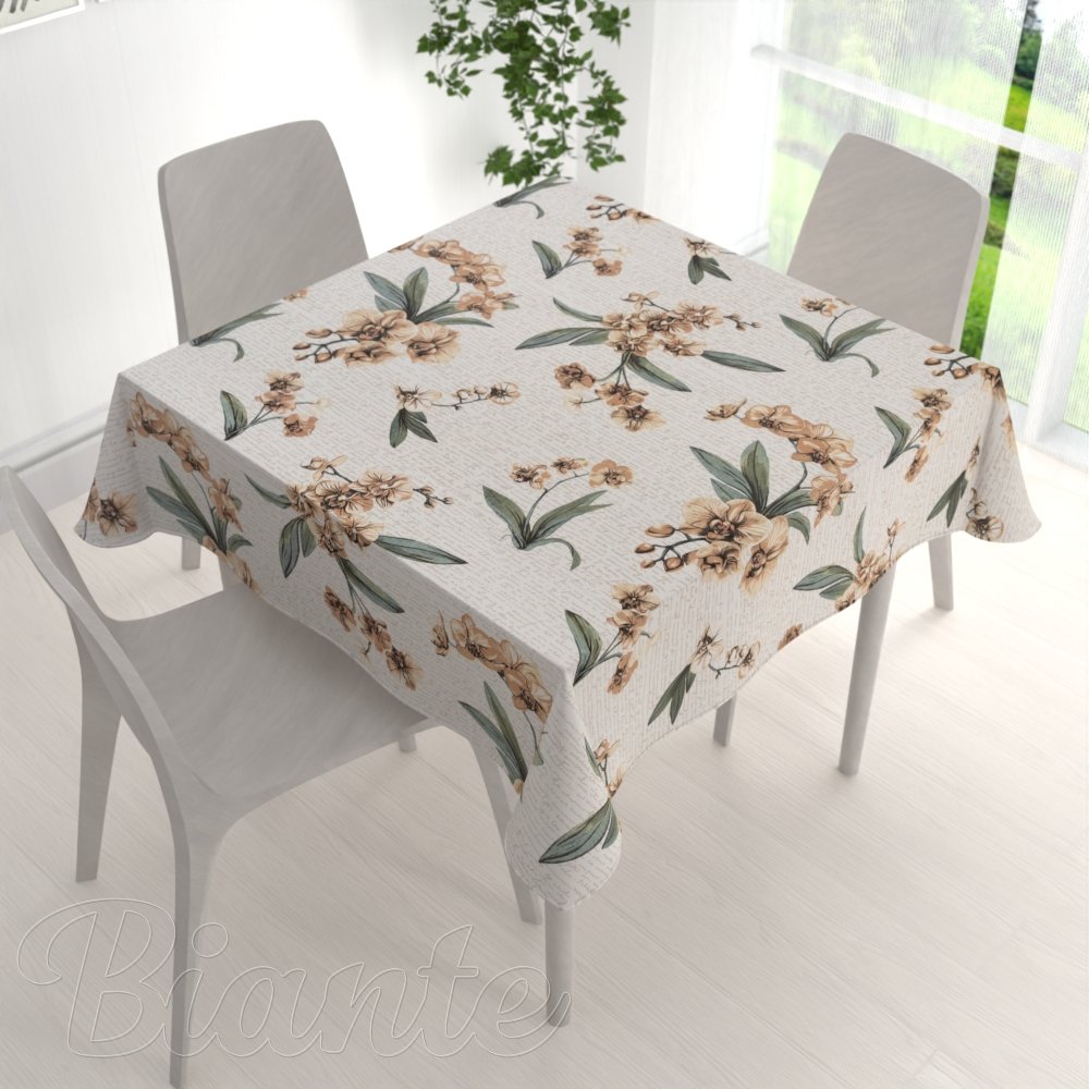 Bavlněný čtvercový ubrus Sandra SA-624 Hnědé orchideje na bílém - detail 1 - Biante.cz