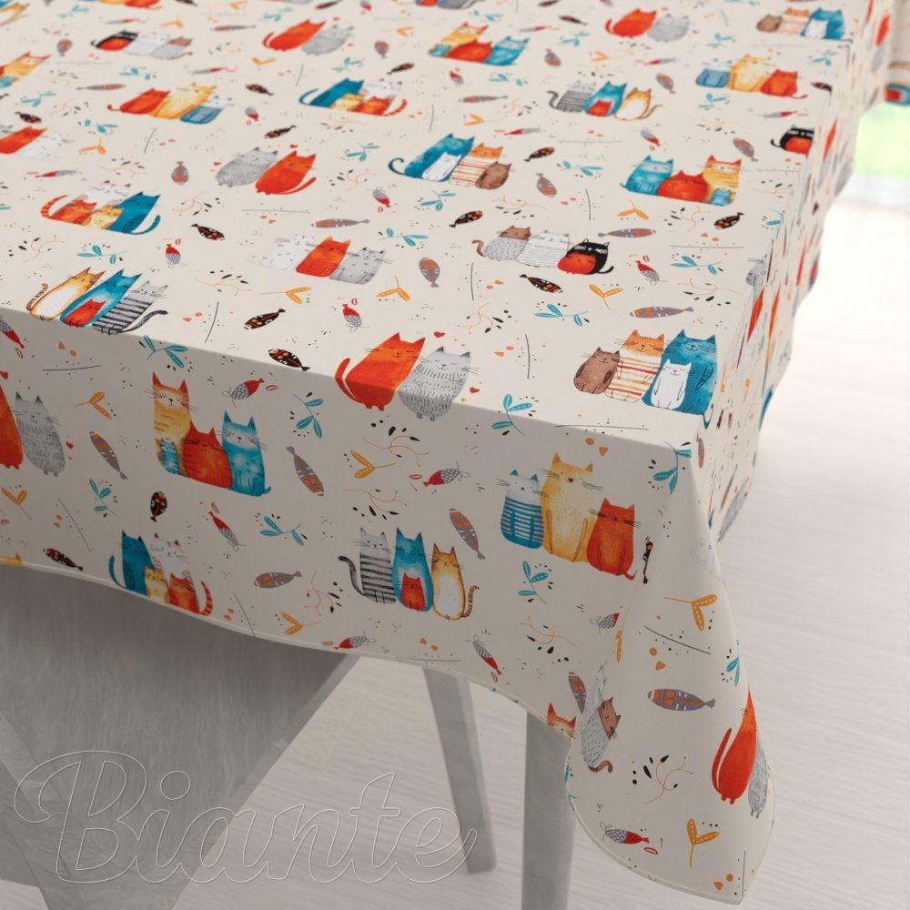 Dětský bavlněný obdélníkový ubrus Sandra SA-655 Kočičí svět modro-červený na krémovém - Biante.cz