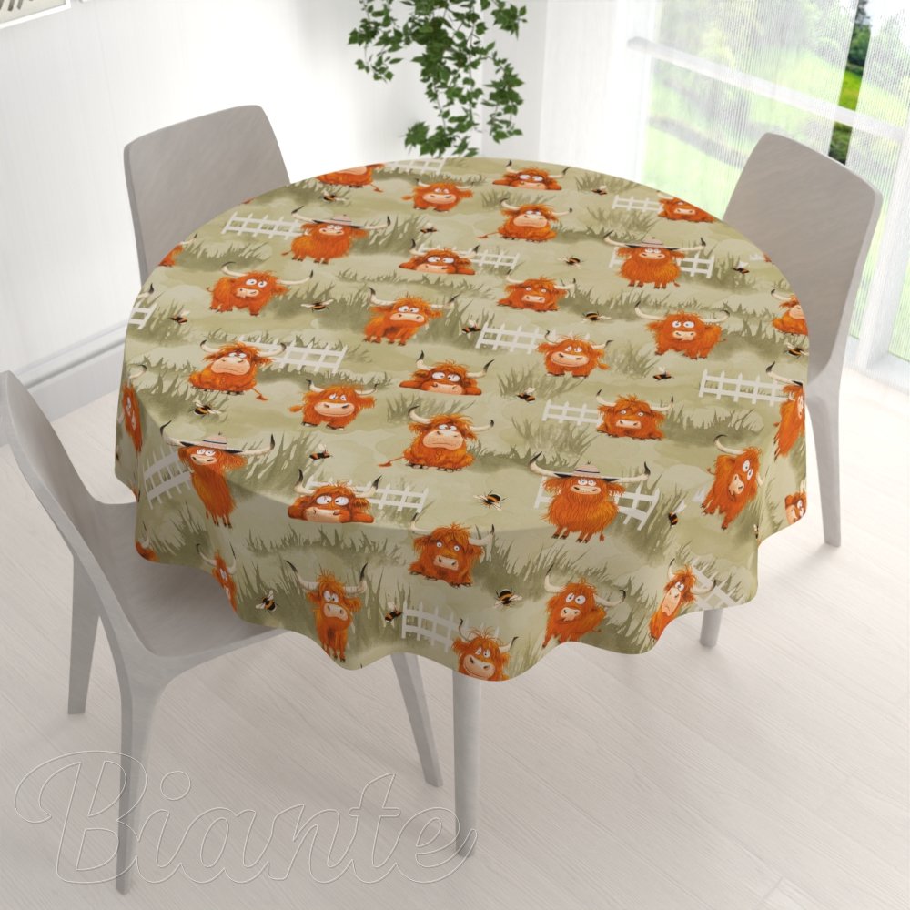 Dětský bavlněný kulatý ubrus Sandra SA-612 Býčci na pastvě na zeleném - detail 1 - Biante.cz