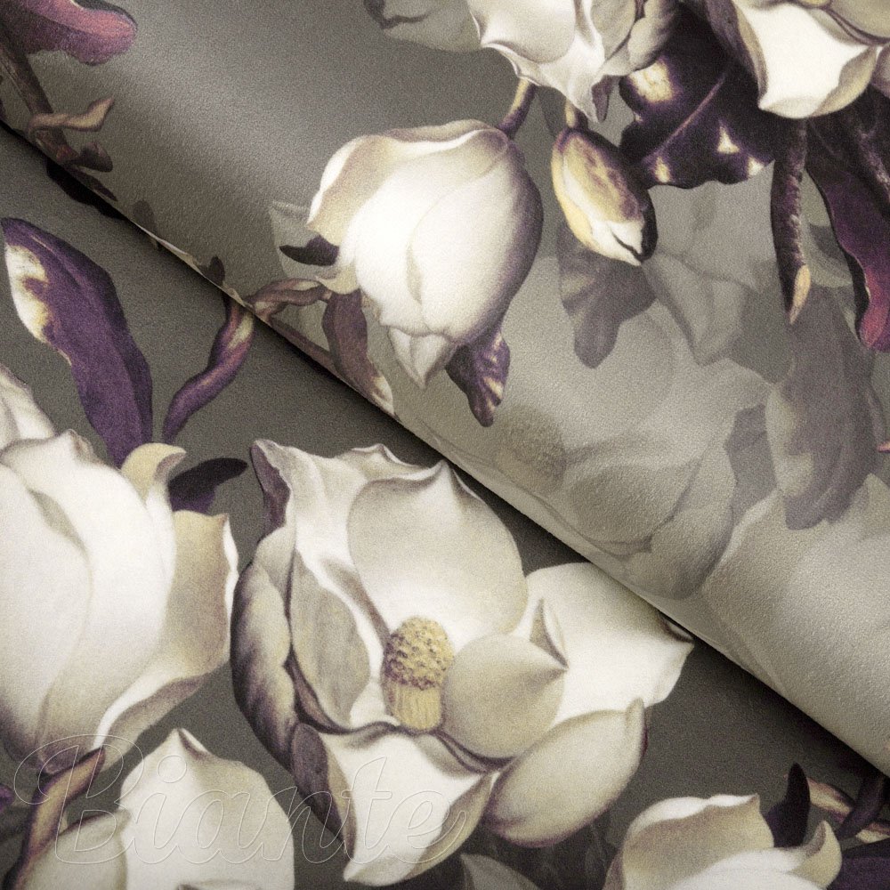 Sametová látka Tamara TMR-034 Květy gardénie na hnědošedém - šířka 140 cm - Biante.cz