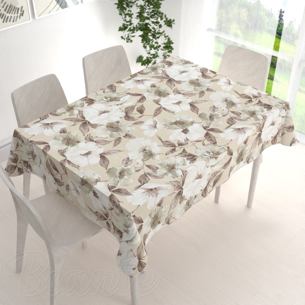 Dekorační obdélníkový ubrus Porto PRT-011 Hnědo-bílé květy na béžovém - detail 1 - Biante.cz