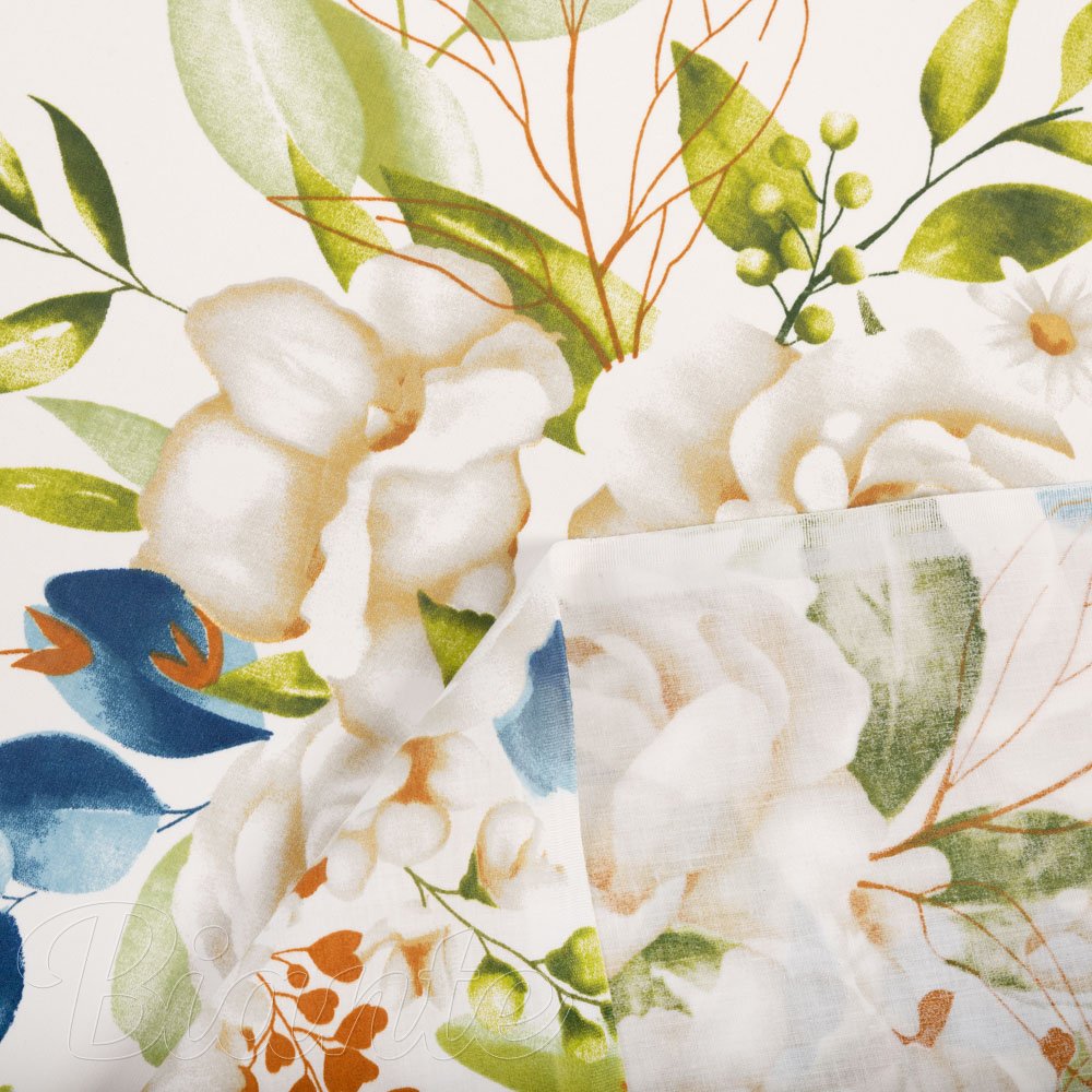 Bavlněná látka/plátno Sandra SA-668 Květy a modro-zelené listy na bílém - šířka 160 cm - detail 4 - Biante.cz