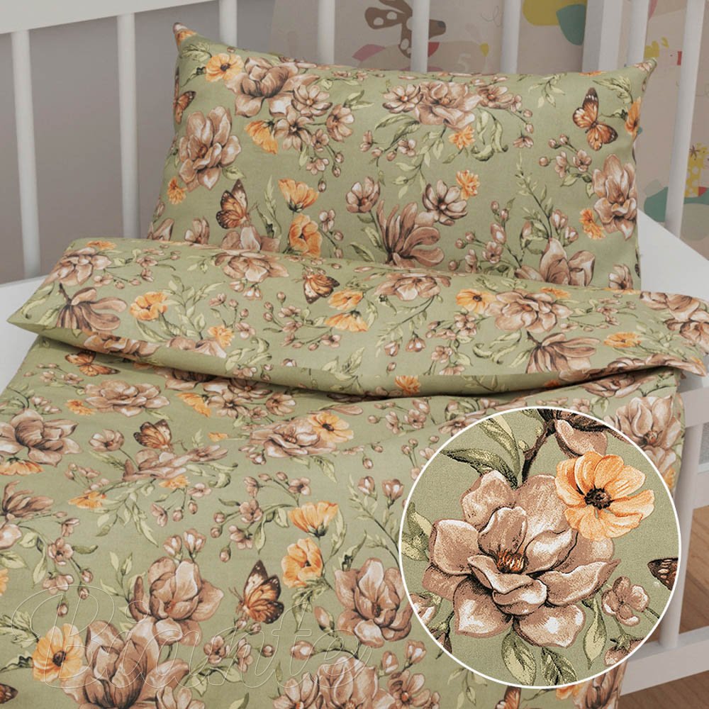 Dětské bavlněné povlečení do postýlky Sandra SA-472 Hnědé květy magnolie na zeleném - Biante.cz