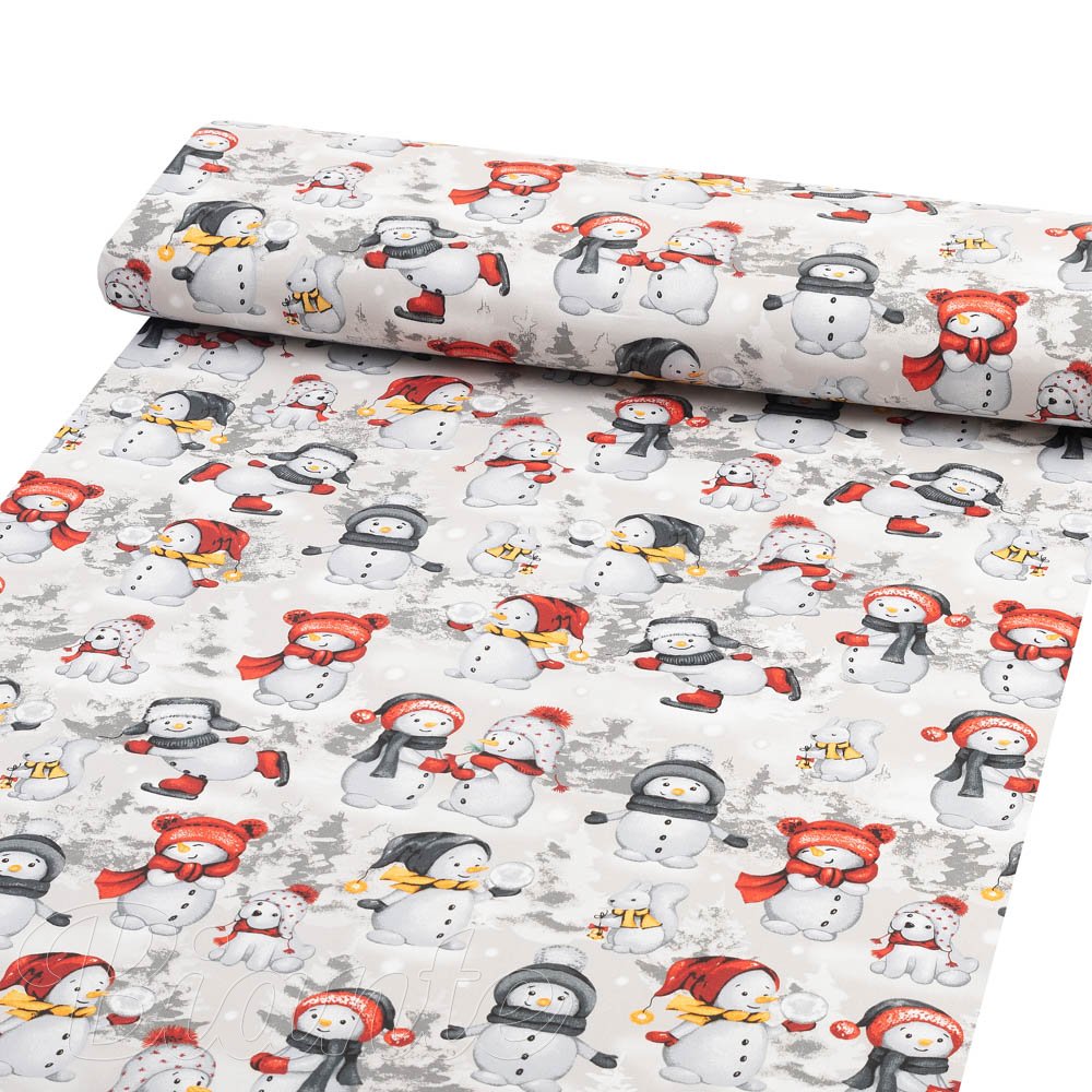 Vánoční bavlněná látka/plátno Sandra SA-661 Sněhuláci na světle šedém - šířka 160 cm - detail 1 - Biante.cz