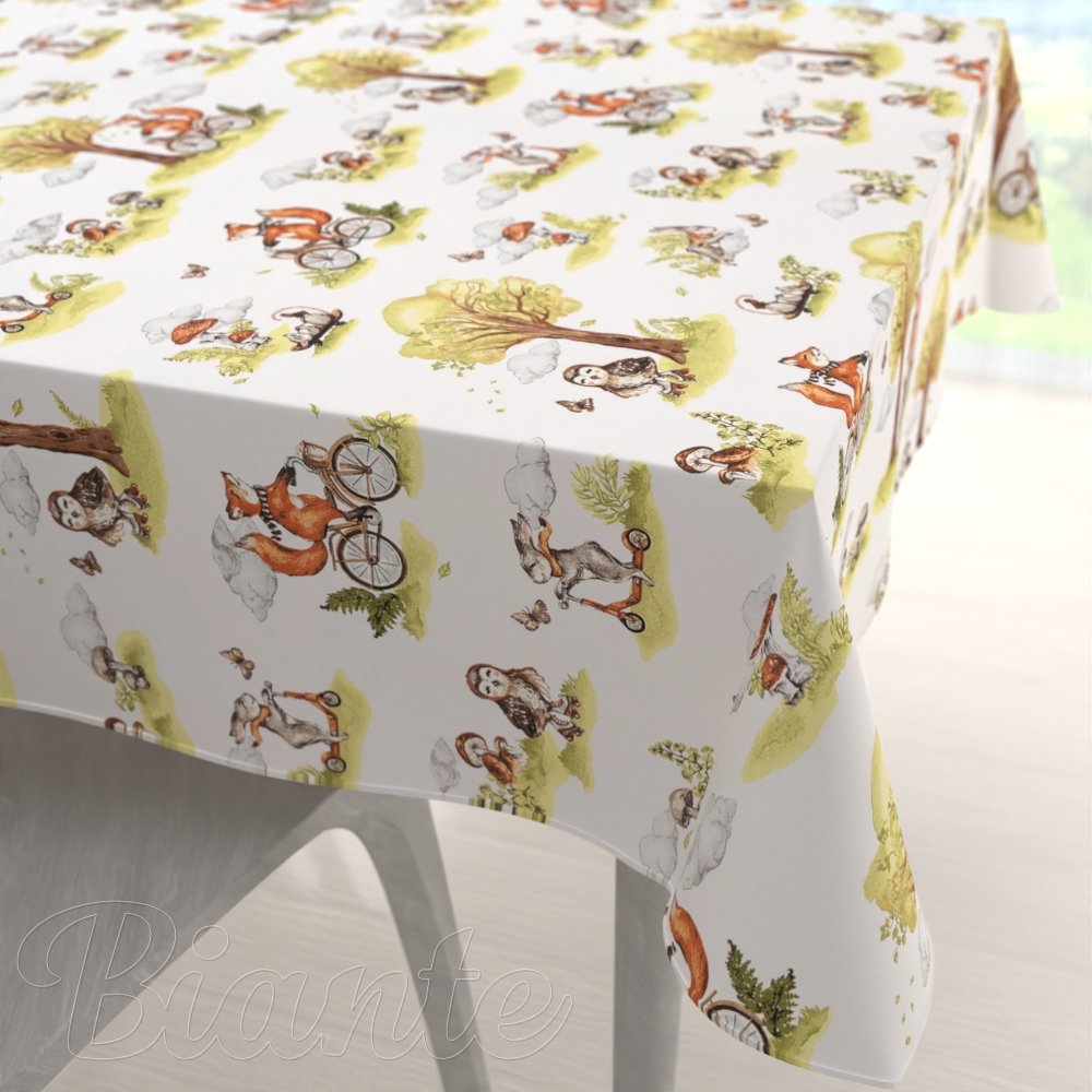 Dětský bavlněný čtvercový ubrus Sandra SA-697 Lišky na kolách - zelené na bílém - Biante.cz