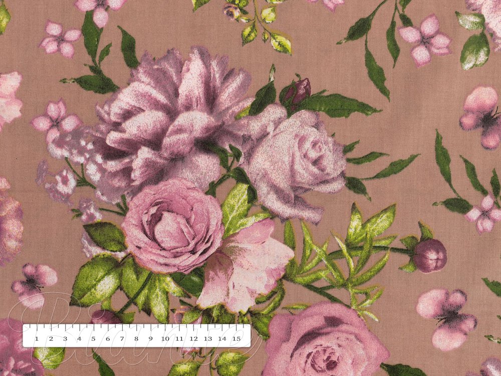 Bavlněná látka/plátno Sandra SA-554 Růže a hortenzie na hnědém - šířka 220 cm - detail 3 - Biante.cz