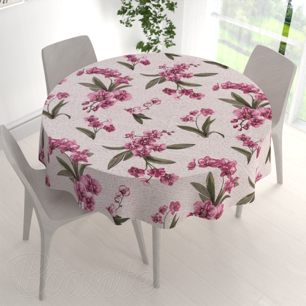 Bavlněný kulatý ubrus Sandra SA-635 Růžovofialové orchideje na bílém - detail 1 - Biante.cz