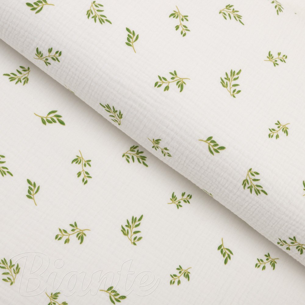 Mušelín dvojitá gázovina MSN-081 Zelené větvičky na bílém - metráž šířka 160 cm - Biante.cz