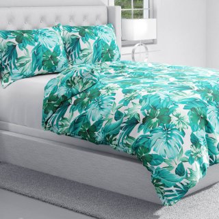 Bavlněné ložní povlečení Sandra SA-484 Modro-zelené květy a listy monstery na bílém - detail 1 - Biante.cz