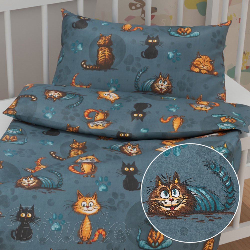Dětské bavlněné povlečení do postýlky Sandra SA-705 Kočičí parta na tmavě šedomodrém - Biante.cz