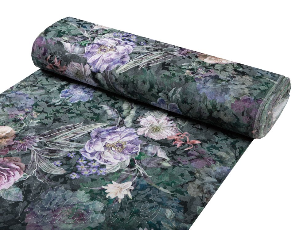 Dekorační žakárová látka BM-010 Velké fialové květy na tmavě zeleném - šířka 150 cm - detail 1 - Biante.cz
