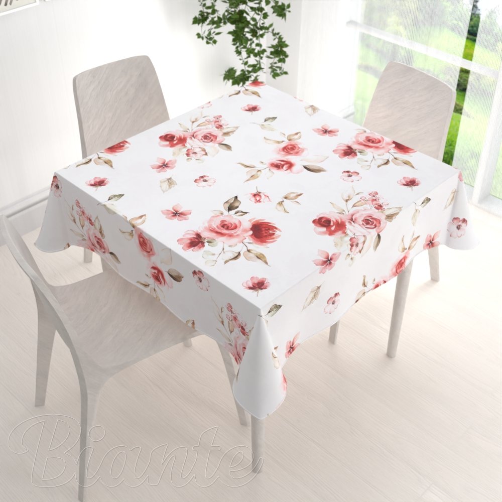 Teflonový čtvercový ubrus TF-023 Červené růže na bílém - Biante.cz