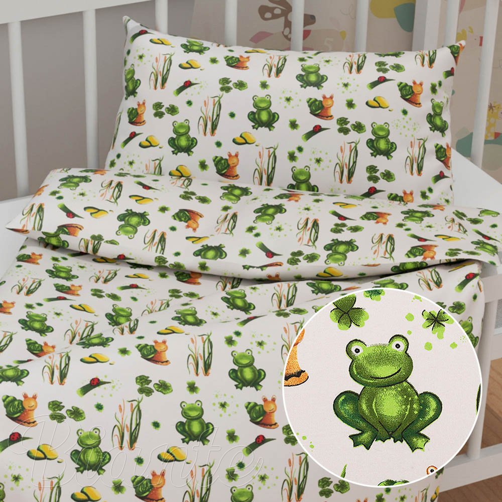 Detské bavlnené posteľné obliečky do postieľky Sandra SA-609 Žabky a slimáky na bielom - Biante.sk