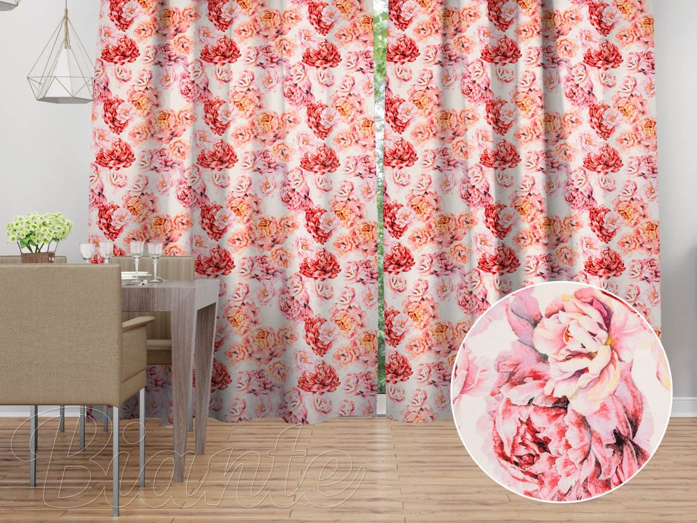 Sametový závěs Tamara TMR-041 Růžovo-červené pivoňky na bílém - Biante.cz