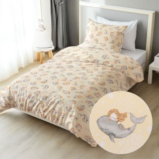 Dětské bavlněné ložní povlečení Sandra SA-670 Šedo-hnědé mořské panny s delfíny na žlutobéžovém - Biante.cz