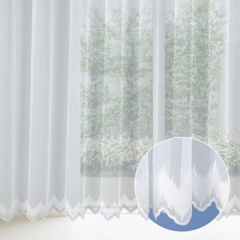Biela záclona s perleťovo vytkávanou bordúrou cikcak do oblúčka ZAC-029 výška 295 cm