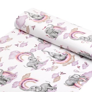 Dětská bavlněná látka/plátno Sandra SA-464 Sloni s fialovou duhou na bílém - šířka 160 cm - detail 1 - Biante.cz
