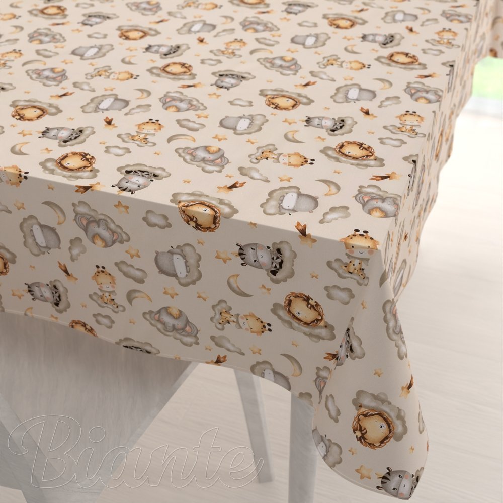 Dětský bavlněný obdélníkový ubrus Sandra SA-534 Africká zvířátka na obláčcích na šedobéžovém - Biante.cz