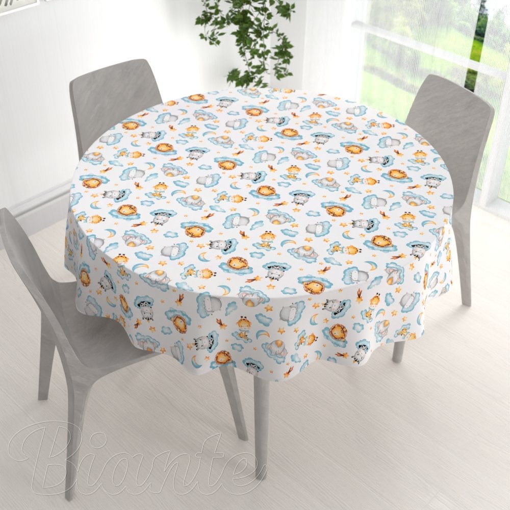 Dětský bavlněný kulatý ubrus Sandra SA-693 Africká zvířátka na modrých obláčcích na bílém - detail 1 - Biante.cz